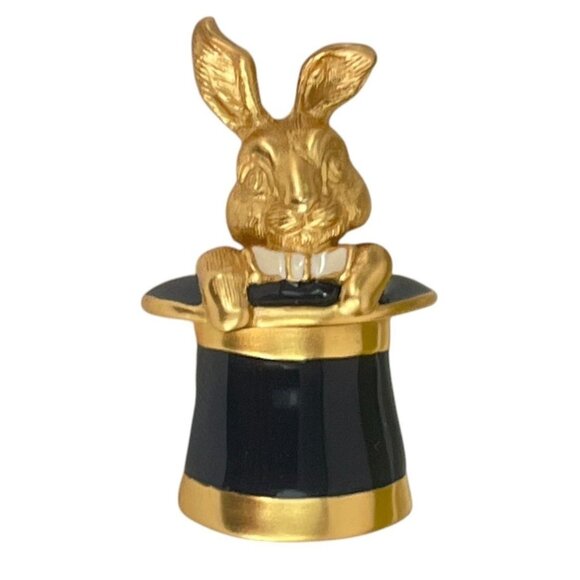 Rabbit In Hat Gold & Black Enamel Brooch Pin Vintage Mid Century Retro - Picture 4 of 7
